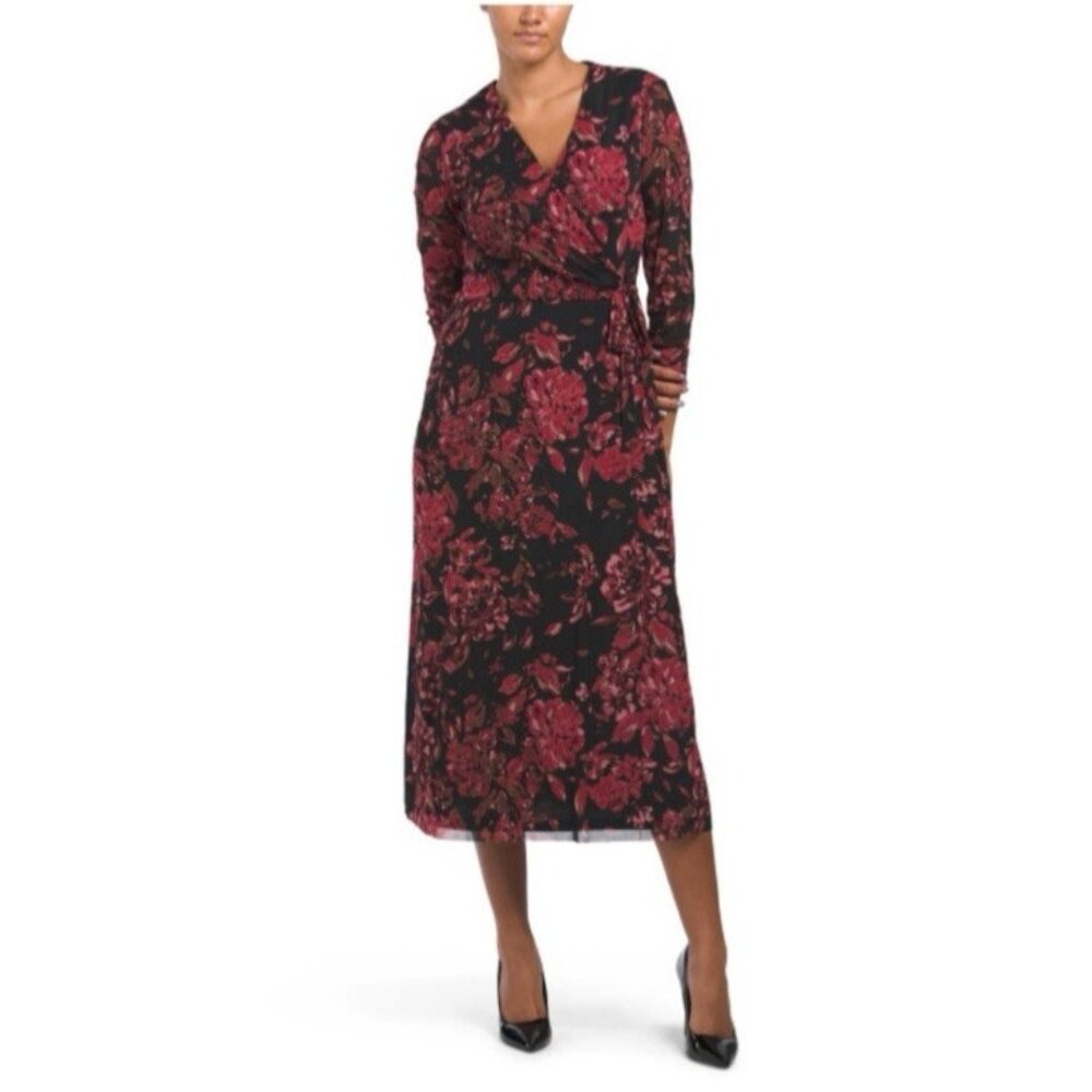Anne Klein Midi Dress S Black Plum Pink Red 3/4 Long Sleeve Stretch Faux Wrap